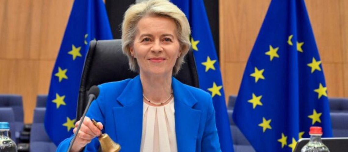 President of the European Commission Ursula Von der Leyen rings a bell to start the first meeting of the new College of Commissioners of the European Union in Brussels on December 4, 2024. (Photo by Nicolas TUCAT / AFP)